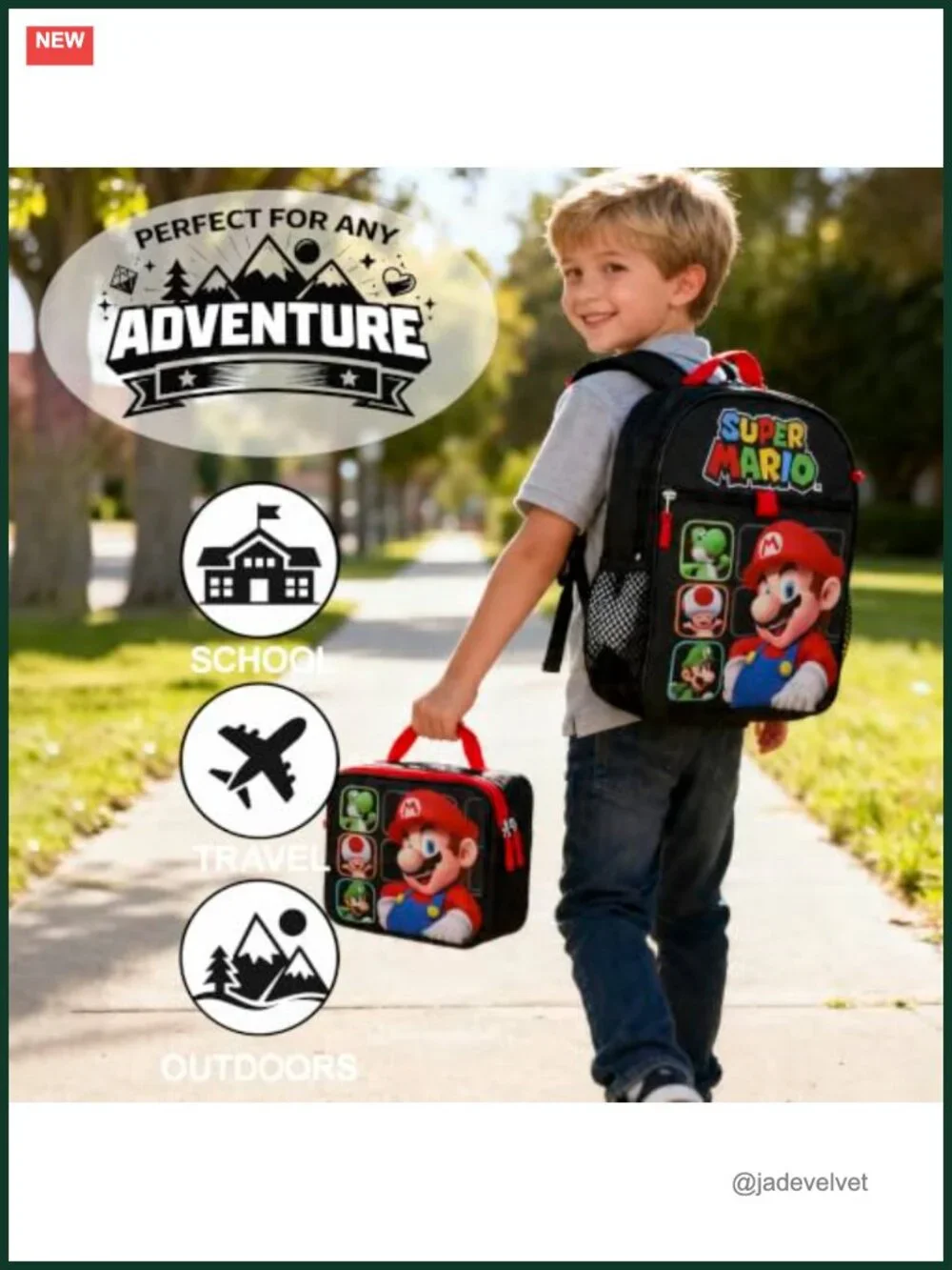 Super Mario Bros Character Grid Backpack 5-Piece Set Kids Lunch Bag Pencil Case